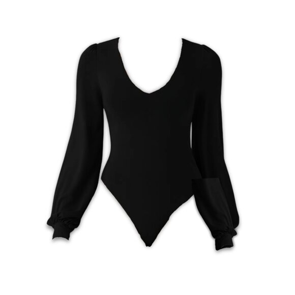 (NWT) Halara Women's V Neck Puff Sleeve Work Bodysuit Long Sleeve Black New - Picture 1 of 13